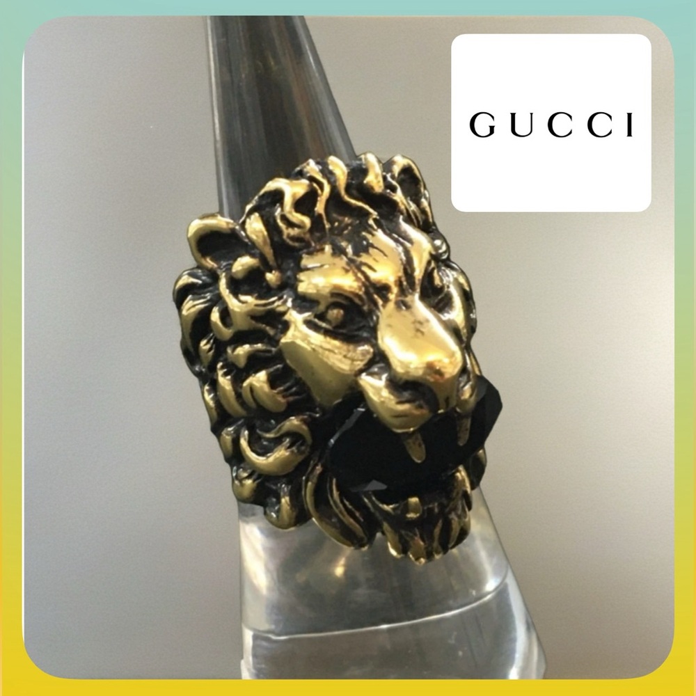 GUCCI Lion Head Gold Tone Brass Ring
